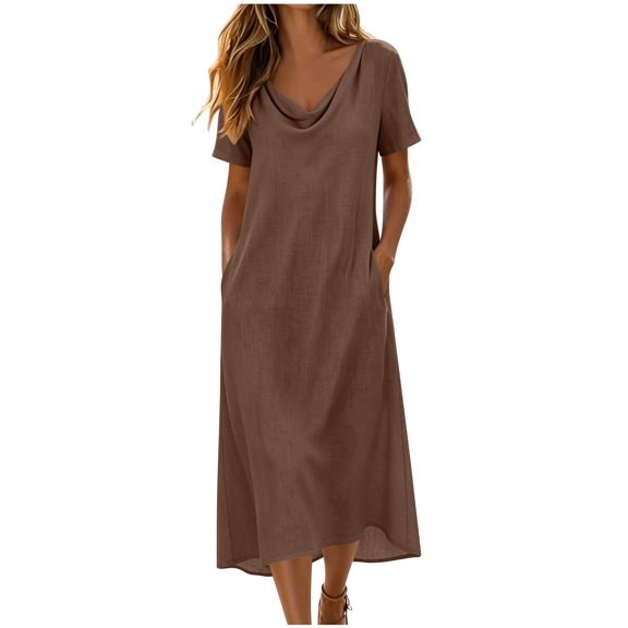 ZToonmas Women's Cowl Neck Tunic Dress Short Sleeve Casual Loose Fit High Low Midi Dress with Pockets