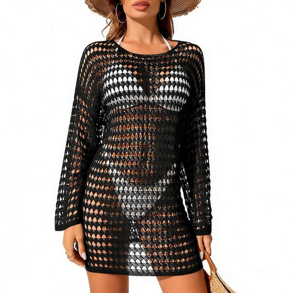 ZToonmas Women's Crochet Knit Long Sleeve Cover-up Dress Crew Neck Hollow Out Swimwear Tunic See-Through Mini Dress for Beach