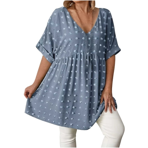 ZToonmas Women's Dot Tunic Top V-Neck Cuffed Short Sleeve Blouse Loose Fit Plus Size Flowy Tunic Shirt