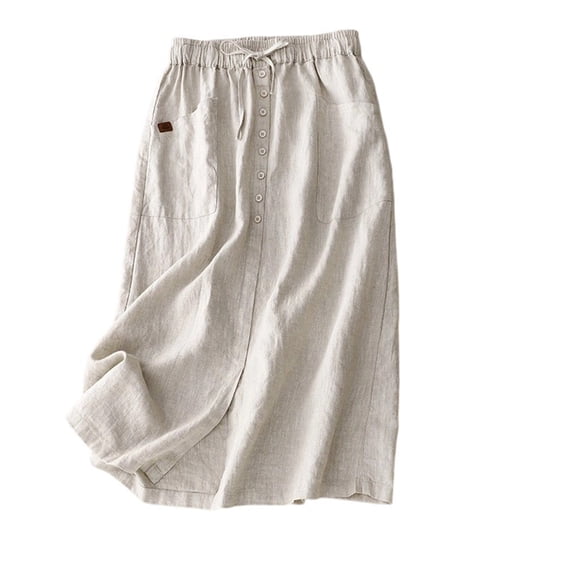 ZToonmas Women's Elastic Drawstring Waist Midi Skirt Button Front A-Line Skirt with Pockets Casual Solid Color Versatile Skirt