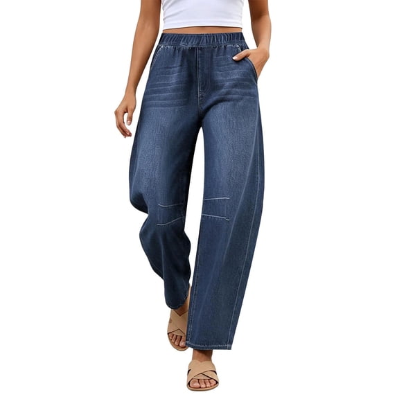 ZToonmas Women's Elastic High Waist Curved Barrel Leg Dark Washed Denim Pants Loose Baggy Casual Full Length Jeans with Side Pockets