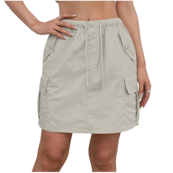 ZToonmas Women's Elastic Waist Cargo Mini Skirt Drawstring and Button Detail Short Skirt with Flap Pockets Casual Utility Skirt