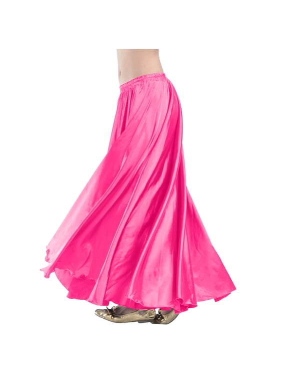 Women's Elastic Waist Full Circle Maxi Skirt Satin Like Flowy Long Skirt for Belly Dance and Performances