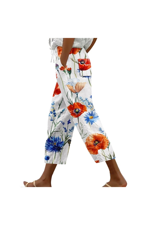 Women's Floral Print Drawstring Waist Capri Pants Loose Harem Style Cropped Trousers with Pockets for Daily Casual Wear