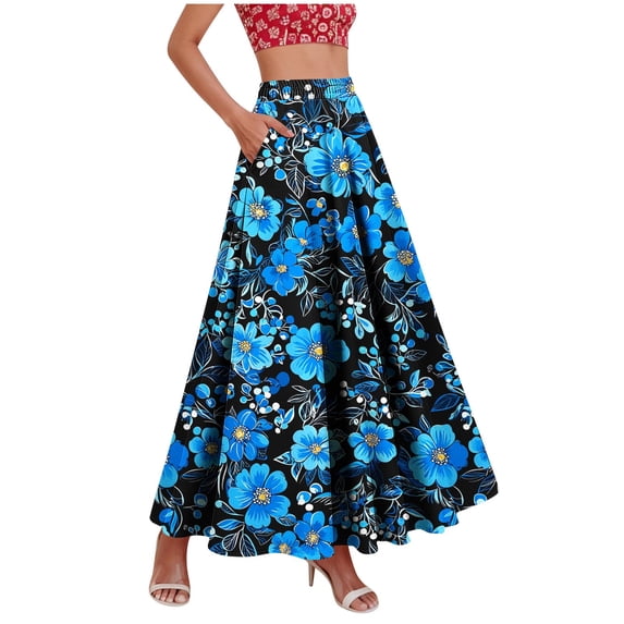 ZToonmas Women's Floral Print High Waist Maxi Skirt Boho A-Line Flared Long Skirt with Elastic Waist and Pockets