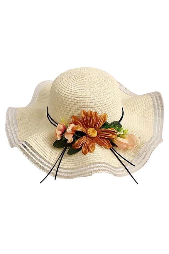Women's Floral Sun Hat with Sunflower Decoration Wide Brim UV Protection Beach Cap Stylish Vacation Sunhat for Summer