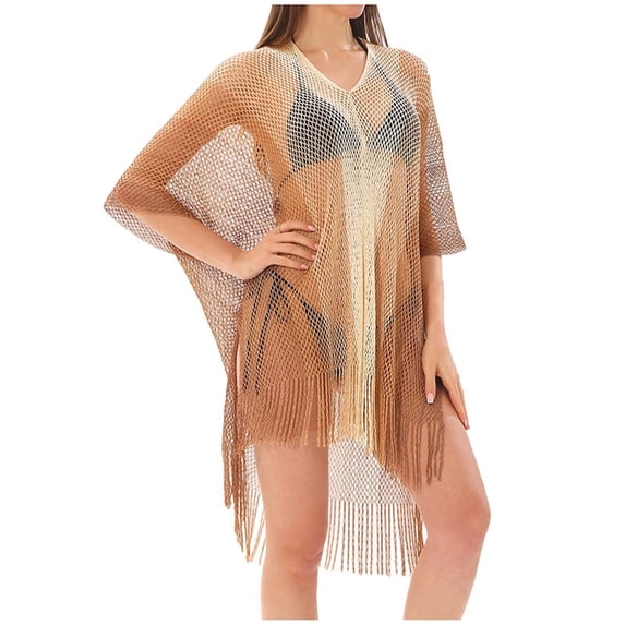 ZToonmas Women's Gradient Crochet Fringe Beach Cover-up V-Neck Sheer Mesh Swim Tunic Half Sleeve Bikini Cover for Vacation