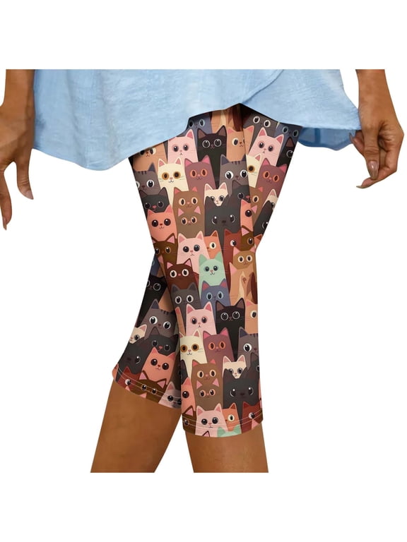 Women's High Waist Cute Cat Print Capri Leggings Stretch Skinny Cropped Yoga Pants for Daily Workout and Casual Lounging