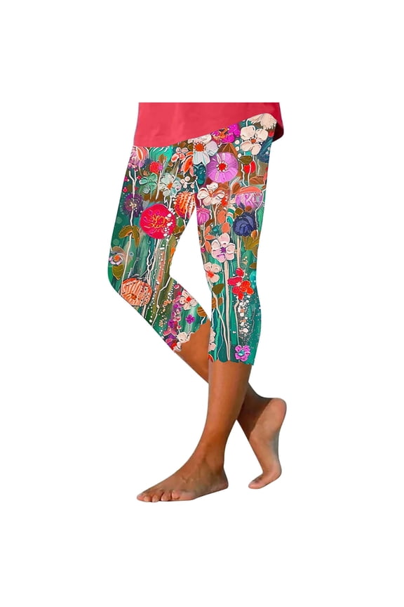 Women's High Waist Floral Print Capri Leggings Slim Fit Cropped Trousers with Scalloped Hem for Summer