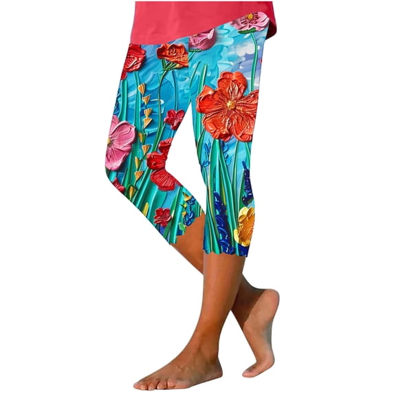 ZToonmas Women's High Waist Floral Print Capri Leggings Slim Fit Cropped Trousers with Scalloped Hem for Summer