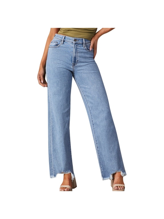 Women's High Waist Frayed Hem Wide Straight Leg Jeans Light Wash Stretch Denim Full Length Pants Button Fly Minimalist Commuter Casual Trousers
