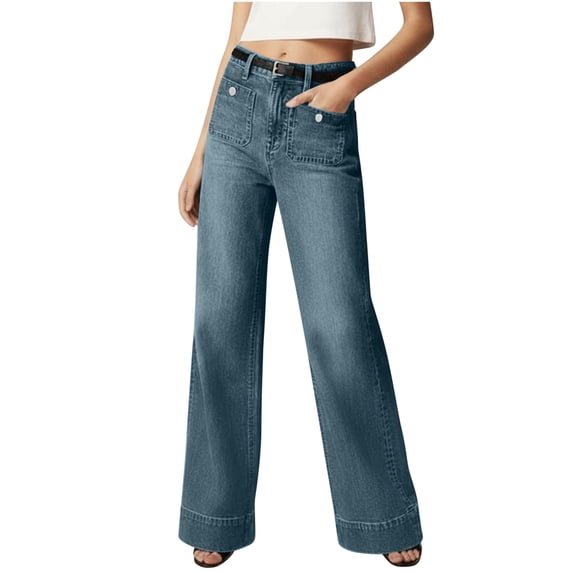 ZToonmas Women's High Waist Stretch Wide Leg Flare Jeans Light Washed Loose Straight Denim Full Length Casual Versatile Trousers with Front Square Patch Pockets