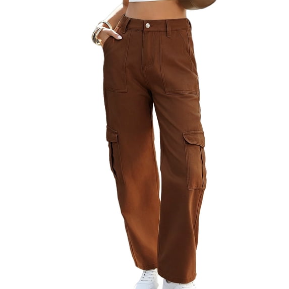 ZToonmas Women's High Waist Wide Leg Cargo Jeans Button Fly Denim Pants with Utility Pockets for Casual Streetwear