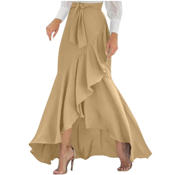 ZToonmas Women's High Waist Wrap Maxi Skirt Elegant Ruffle Hem Evening Skirt Asymmetrical Tie Waist Party Skirt for Fall