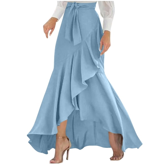ZToonmas Women's High Waist Wrap Maxi Skirt Elegant Ruffle Hem Evening Skirt Asymmetrical Tie Waist Party Skirt for Fall