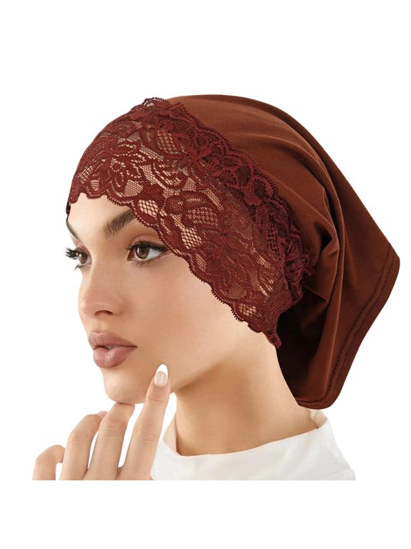 Women's Lace Trim Hijab Undercap Elegant Lace Edged Tube Cap Stretch Modest Headwear for Muslim and Daily Use