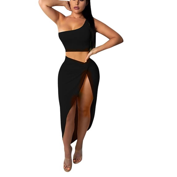 ZToonmas Women's One Shoulder Crop Top and Slit Midi Skirt Set 2 Piece Ruched Twist Knot Outfit for Night out and Parties