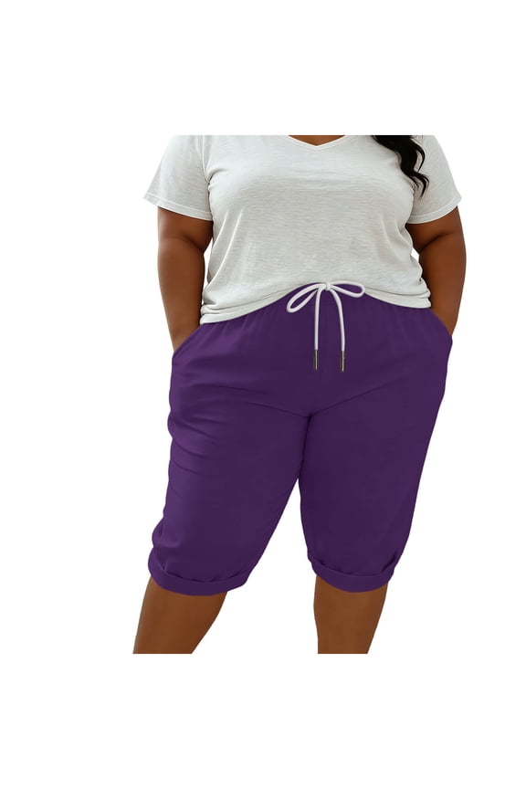 Women's Plus Size Cotton Bermuda Shorts Cuffed Hem Loose Fit Casual Knee Length Jogger Shorts with Side Pockets