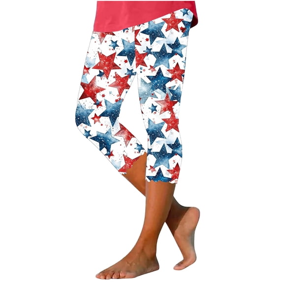 ZToonmas Women's Plus Size High Waist Independence Day Print Capri Leggings Slim Fit Cropped Trousers with Scalloped Hem for Summer