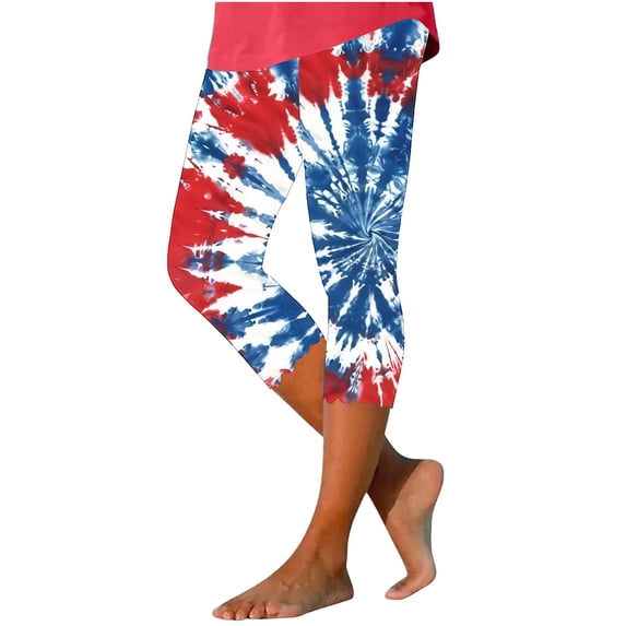ZToonmas Women's Plus Size High Waist Independence Day Print Capri Leggings Slim Fit Cropped Trousers with Scalloped Hem for Summer