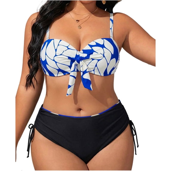 ZToonmas Women's Plus Size Spaghetti Strap Front Tie Printed Bikini Top and Side Drawstring High Waist Bottom Two Piece Swim Bikini Set