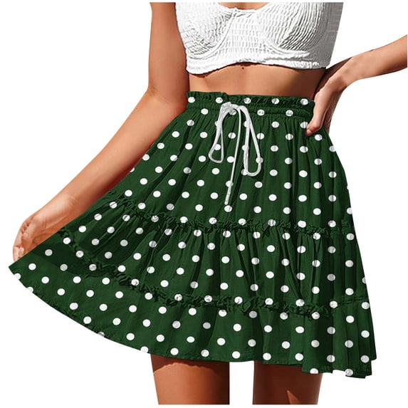 ZToonmas Women's Polka Dot Print Tiered Ruffle Mini Skirt Drawstring Elastic Waist A-Line Skirt Casual Summer Beach Flowy Skirt