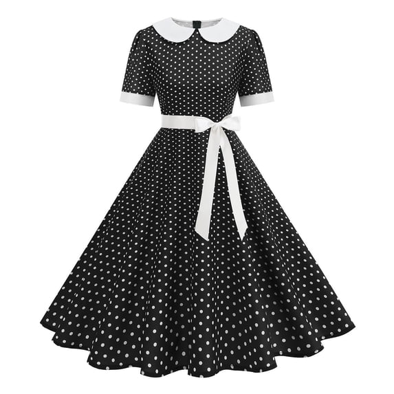 ZToonmas Women's Polka Dot Vintage Swing Dress Peter Pan Collar Short Sleeve Hepburn Style Party Dress with Bow Belt