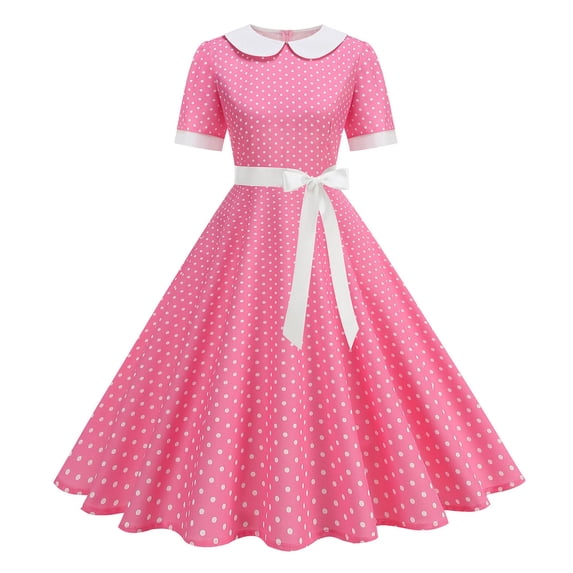ZToonmas Women's Polka Dot Vintage Swing Dress Peter Pan Collar Short Sleeve Hepburn Style Party Dress with Bow Belt