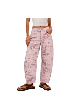 Women's Retro Stripe/Print Wide Leg Denim Trousers Mid Rise Relaxed Fit Barrel Jeans with Pockets for Bohemian Style