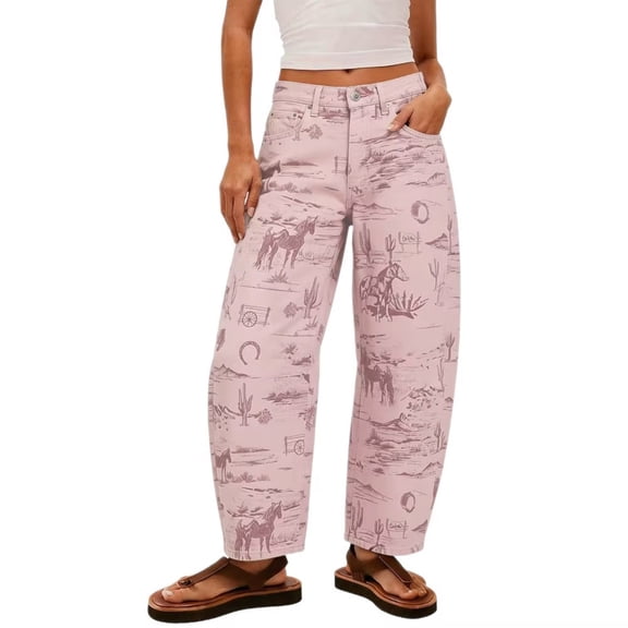 ZToonmas Women's Retro Stripe/Print Wide Leg Denim Trousers Mid Rise Relaxed Fit Barrel Jeans with Pockets for Bohemian Style