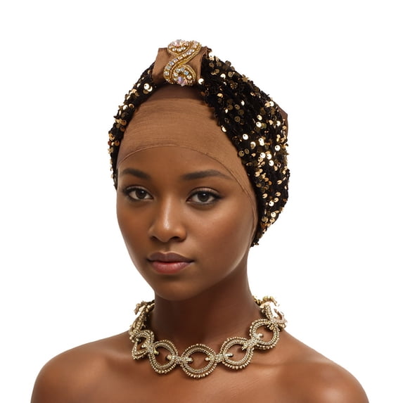 ZToonmas Women's Rhinestone and Sequin Turban Hat African Style Headwrap with Gem Accent Elegant Muslim Headscarf for Party