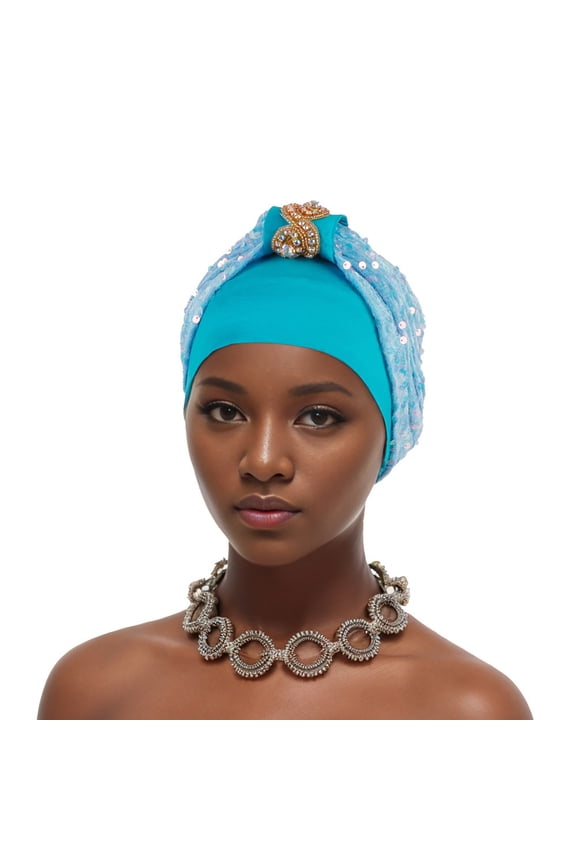 Women's Rhinestone and Sequin Turban Hat African Style Headwrap with Gem Accent Elegant Muslim Headscarf for Party