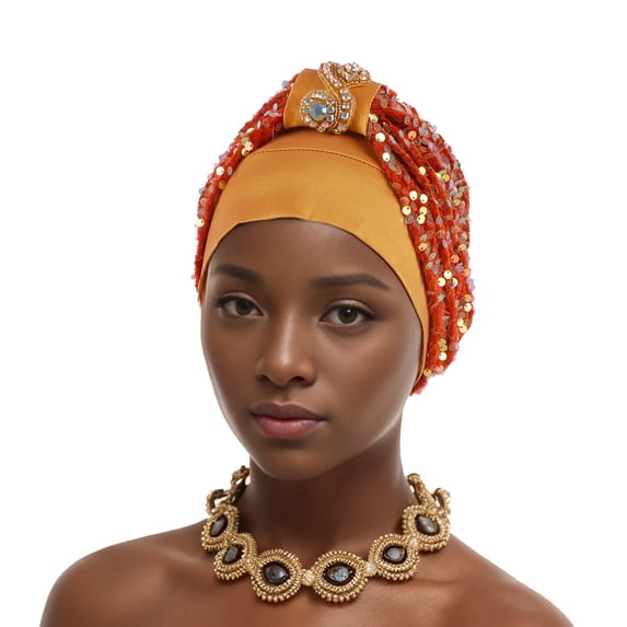 ZToonmas Women's Rhinestone and Sequin Turban Hat African Style Headwrap with Gem Accent Elegant Muslim Headscarf for Party