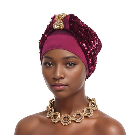 ZToonmas Women's Rhinestone and Sequin Turban Hat African Style Headwrap with Gem Accent Elegant Muslim Headscarf for Party