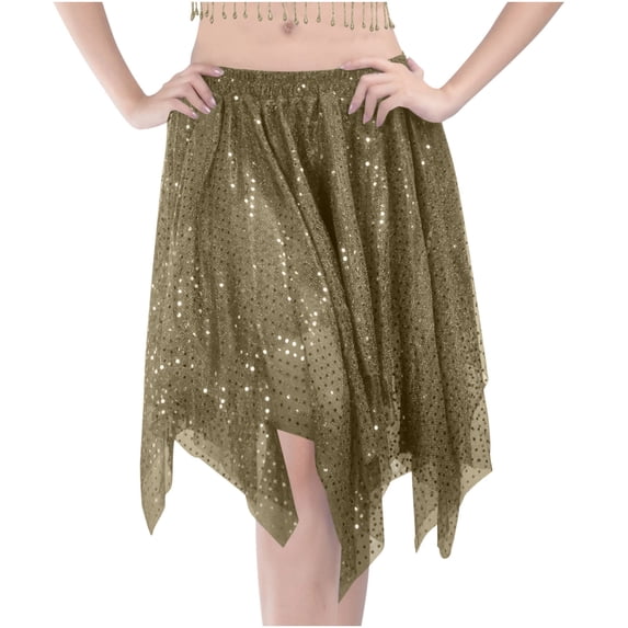 ZToonmas Women's Sequin Asymmetrical Handkerchief Hem Skirt Elastic Waist Belly Dance Skirt for Stage Performance