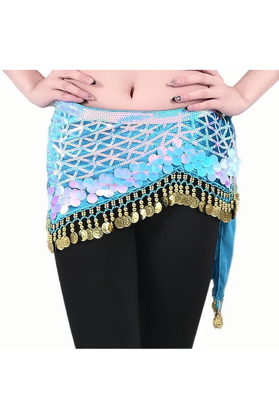 Women's Sparkly Sequin Belly Dance Hip Scarf Tie-on Skirt with Dangling Coins for Stage Performance