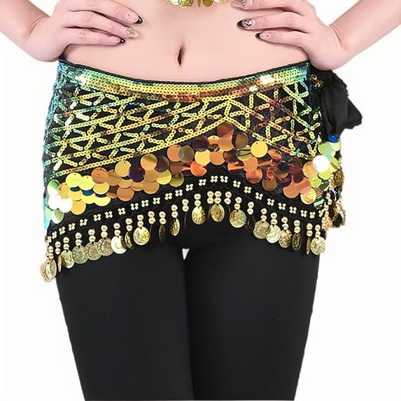 ZToonmas Women's Sparkly Sequin Belly Dance Hip Scarf Tie-on Skirt with Dangling Coins for Stage Performance