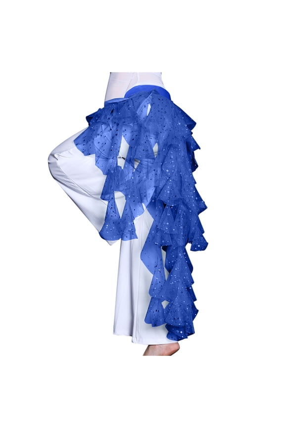 Women's Sparkly Sequined Tiered Ruffle Skirt Flowy Mesh Hip Scarf for Belly Dance and Performance