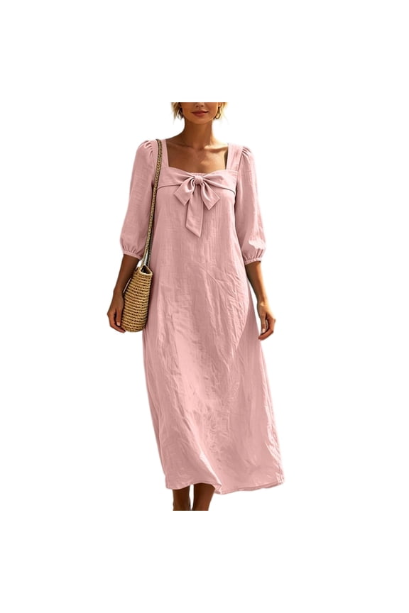 Women's Square Neck Bow Front Maxi Dress 3/4 Puff Sleeve Casual Loose Flowy Long Dress
