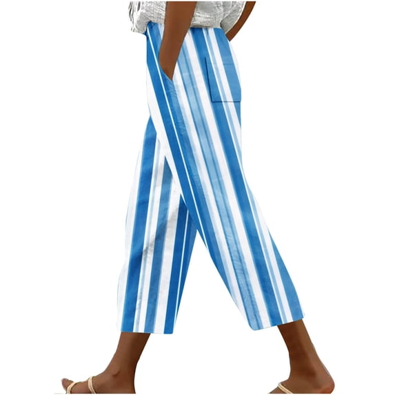 ZToonmas Women's Stripe Print Drawstring Waist Capri Pants Loose Harem Style Cropped Trousers with Pockets for Daily Casual Wear