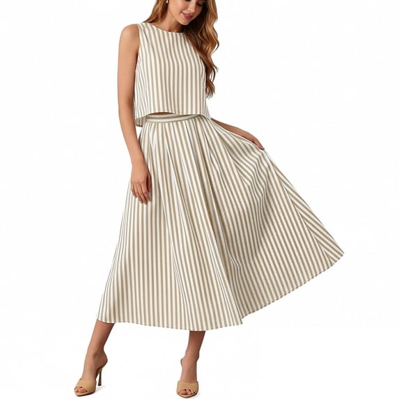 ZToonmas Women's Striped Crop Top and A-Line Midi Skirt Set Sleeveless Two-Piece Outfit for Spring and Summer