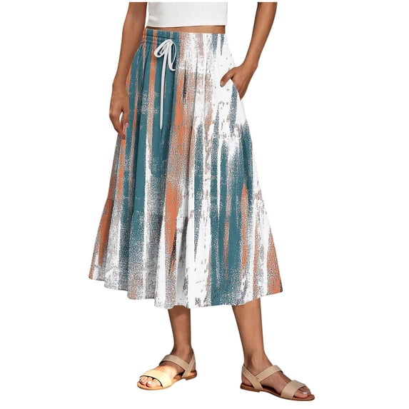 ZToonmas Women's Summer Floral Print Tiered Midi Skirt Elastic Drawstring Waist Flowy A-Line Swing Skirt with Side Pockets