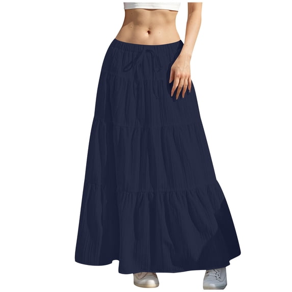 ZToonmas Women's Summer Tiered Maxi Skirt Elastic Drawstring Waist Solid Color Flowy Ruffle Textured A-Line Long Swing Skirt