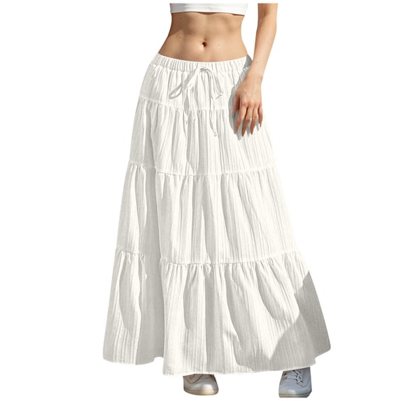 ZToonmas Women's Summer Tiered Maxi Skirt Elastic Drawstring Waist Solid Color Flowy Ruffle Textured A-Line Long Swing Skirt