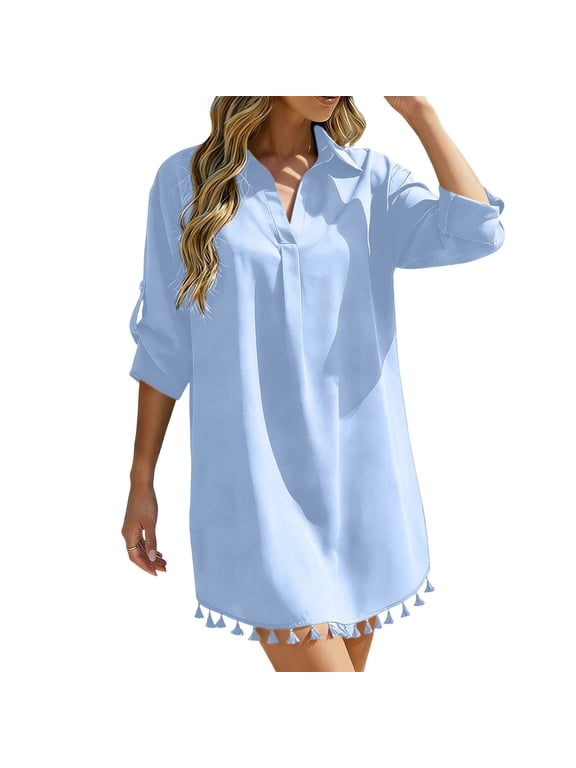 Women's Tassel Hem Beach Cover-up Shirt Dress Roll-up Sleeve Notch Collar Swimwear Cover Casual Bikini Tunic for Vacation