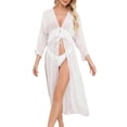 thumbnail image 1 of ZToonmas Women's Tie-Front Kimono Beach Cover-up V-Neck Three-Quarter Sleeve Open-Front Maxi Swim Robe Flowy Sheer Bikini Cover, 1 of 9