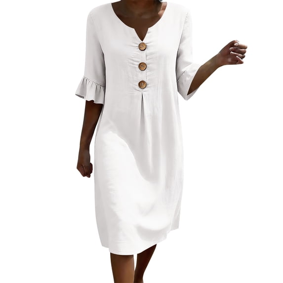 ZToonmas Women's V-Neck Button Down Midi Dress 3/4 Ruffle Sleeve Loose Fit Casual Dress with Pockets