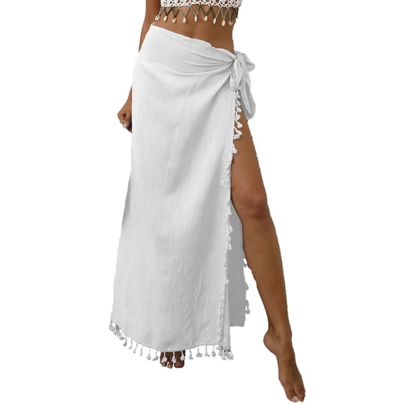 ZToonmas Women's Wrap Sarong Cover-up Skirt Tassel Trim Tie Waist Maxi Skirt for Beachwear