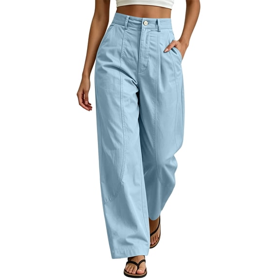 ZToonmas Womens Cool Ice Fabric Wide Leg Pants Button High Waist Belt Loops Curved Seam Casual Loose Long Pants with Side Pockets
