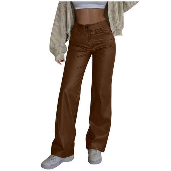 ZToonmas Womens Faux Leather Wide Leg Pants Button Zipper Elastic Waist Loose Straight Casual Long Trousers with Side Pockets